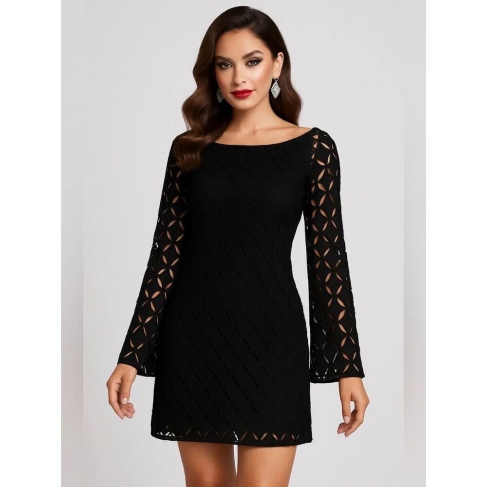 Bailey 44 Kynlee Eyelet‎ Little Black Dress LBD Long Sleeve Half Back Cut Outs L
